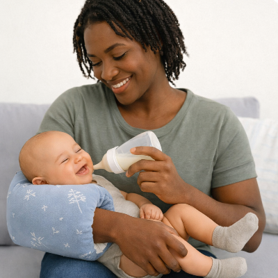 Mère donnant le biberon à son bébé endormi dans son bras, sourire bienveillant sur le canapé. ALT: maman nourrissant son bébé avec une tasse de lait.